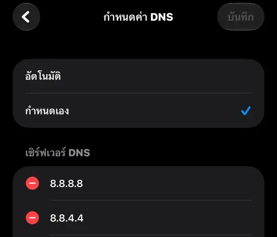 หน้ากำหนดค่า DNS ที่เลือกกำหนดเอง มีเซิร์ฟเวอร์ 8.8.8.8 และ 8.8.4.4