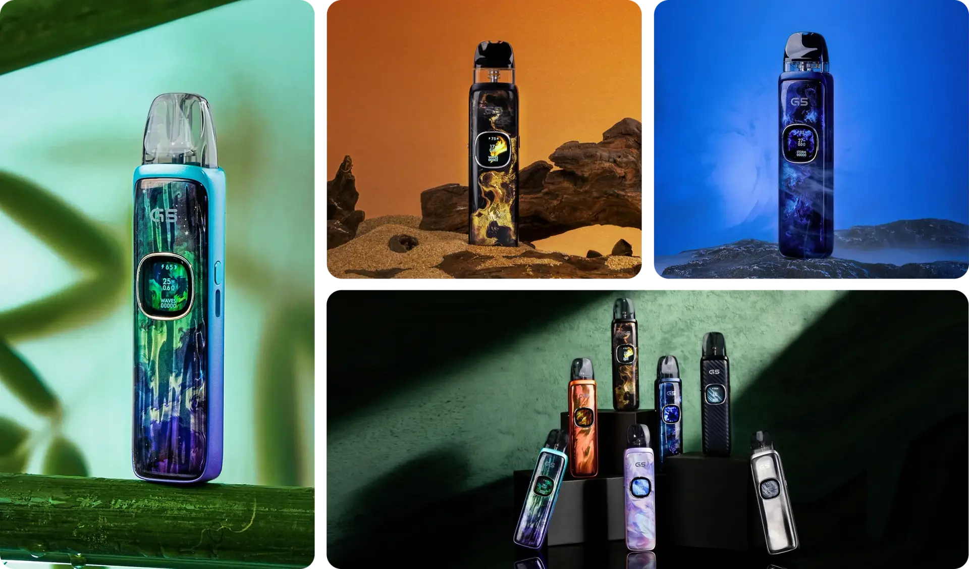 Official UWELL photos — the Caliburn G5 in several colours, each screen in its own theme