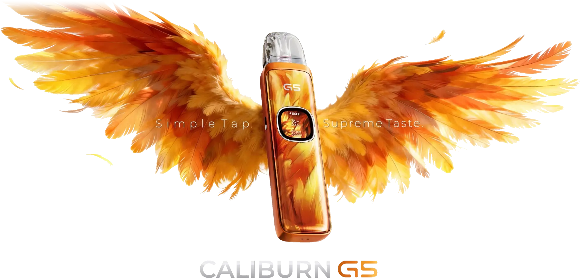 Official UWELL Caliburn G5 campaign image, "Simple Tap. Supreme Taste."