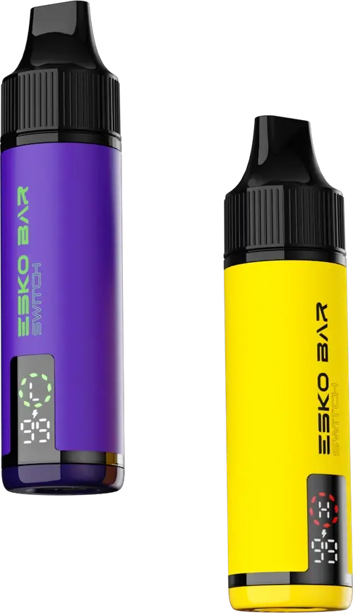 ESKO BAR SWITCH reusable pod device, Purple and Yellow colorways, isolated product shot