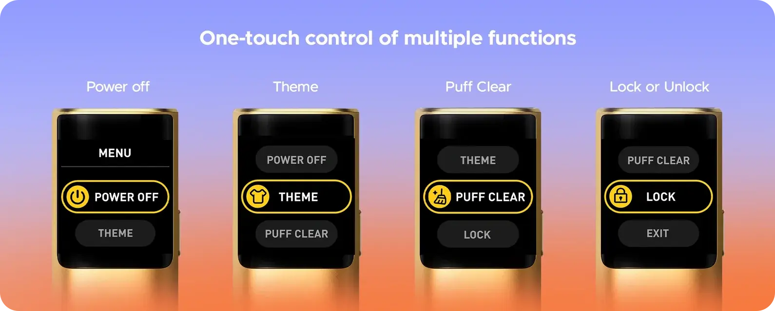 VOOPOO's ARGUS G4 poster — one button for several functions: power off, theme, puff clear, lock or unlock