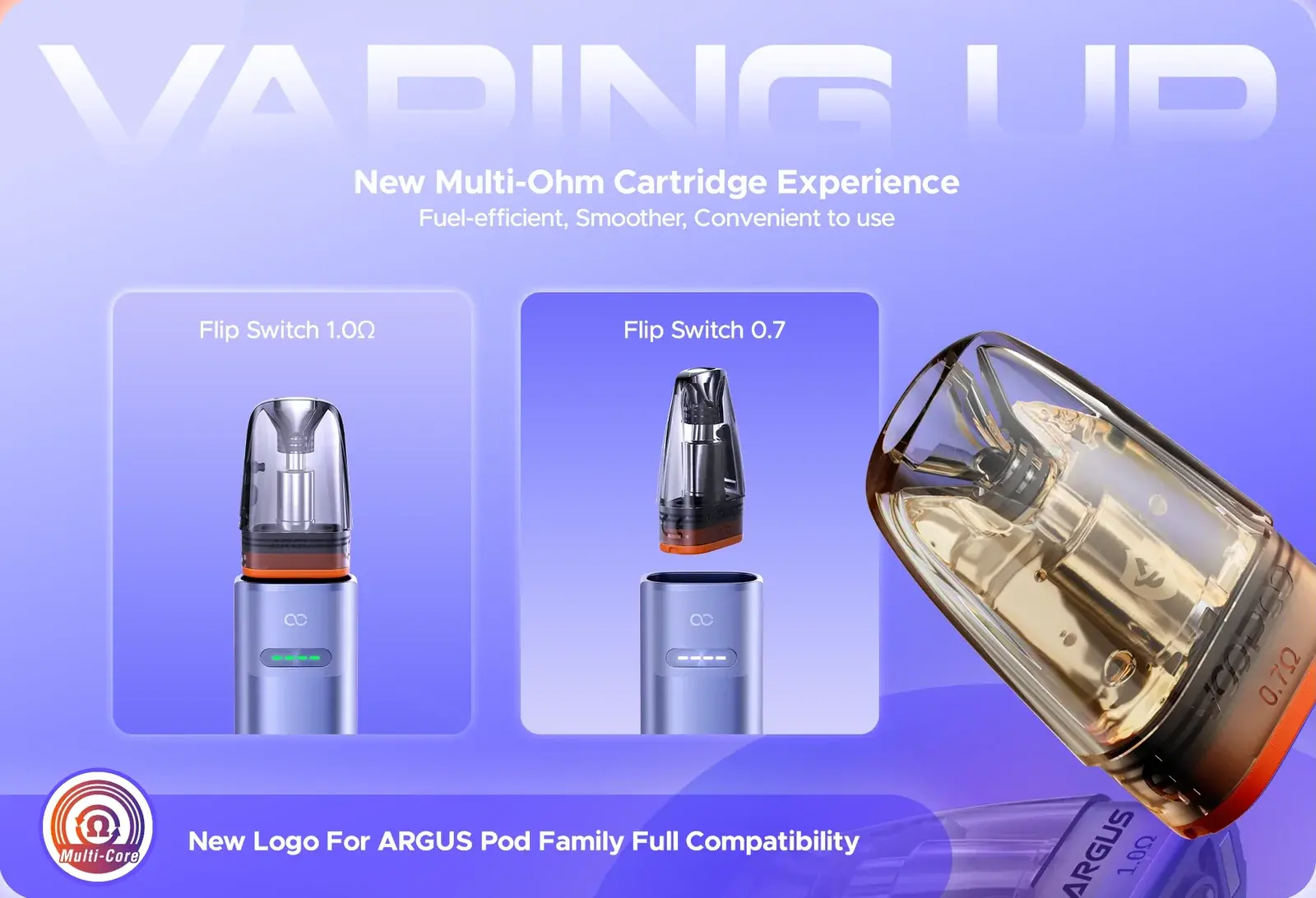 VOOPOO's ARGUS G4 mini poster — flip the Multi-Ohm cartridge to switch between 1.0Ω and 0.7Ω