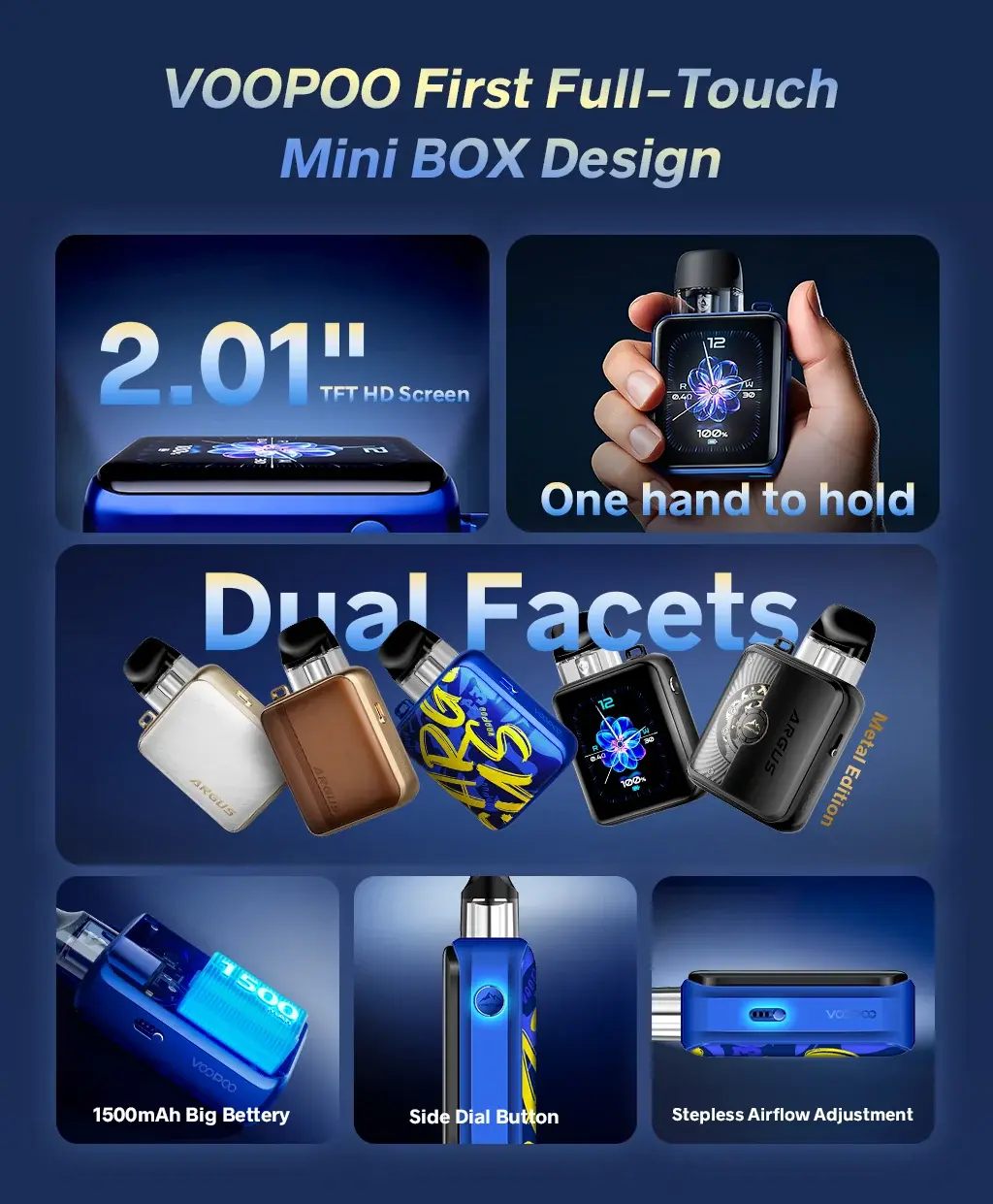 VOOPOO's ARGUS P3 poster — VOOPOO's first full-touch Mini BOX: the screen, one hand to hold, the side dial and the airflow slider