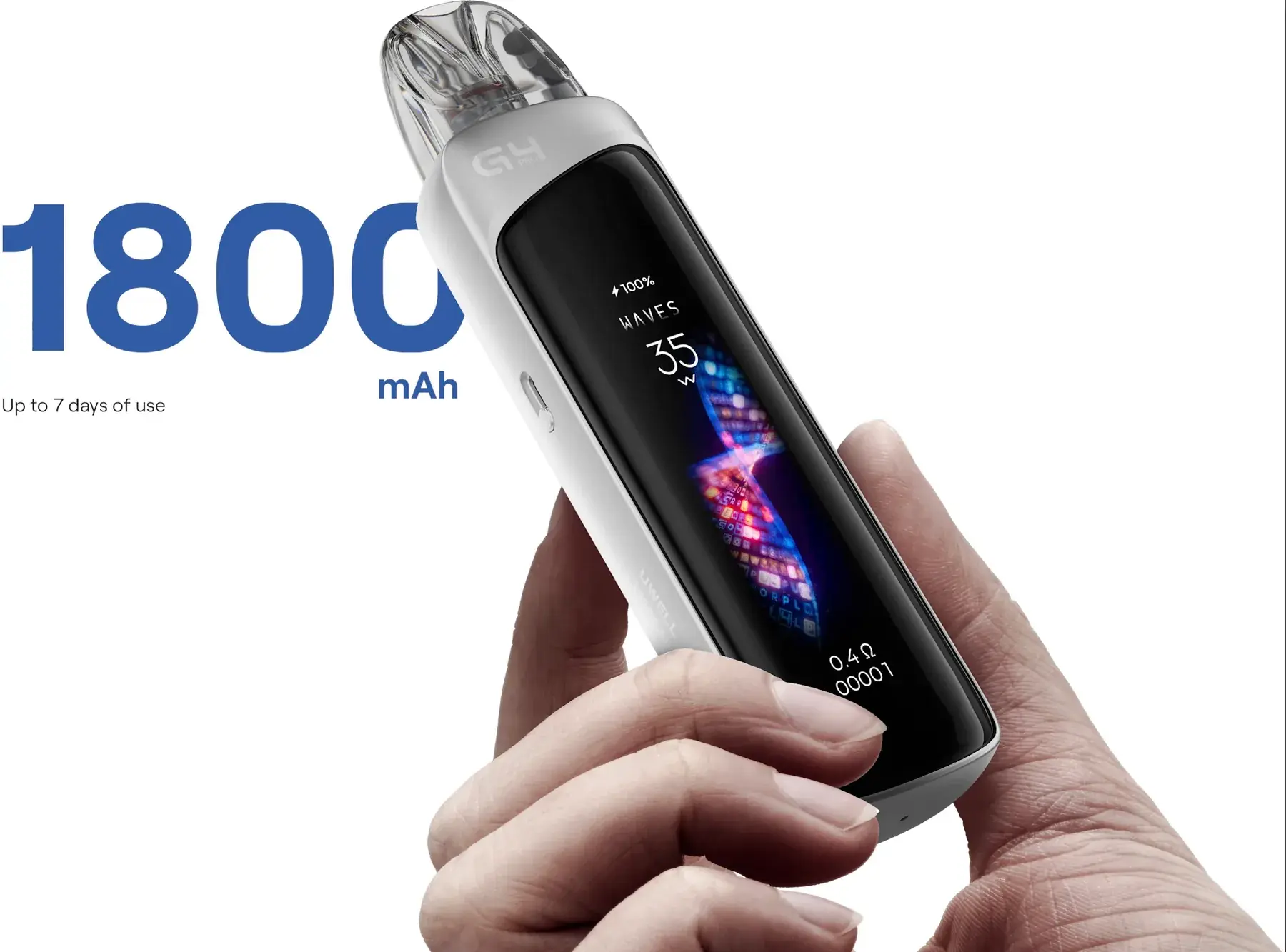 Still from UWELL's Caliburn G4 Pro film — 1800mAh, up to 7 days of use