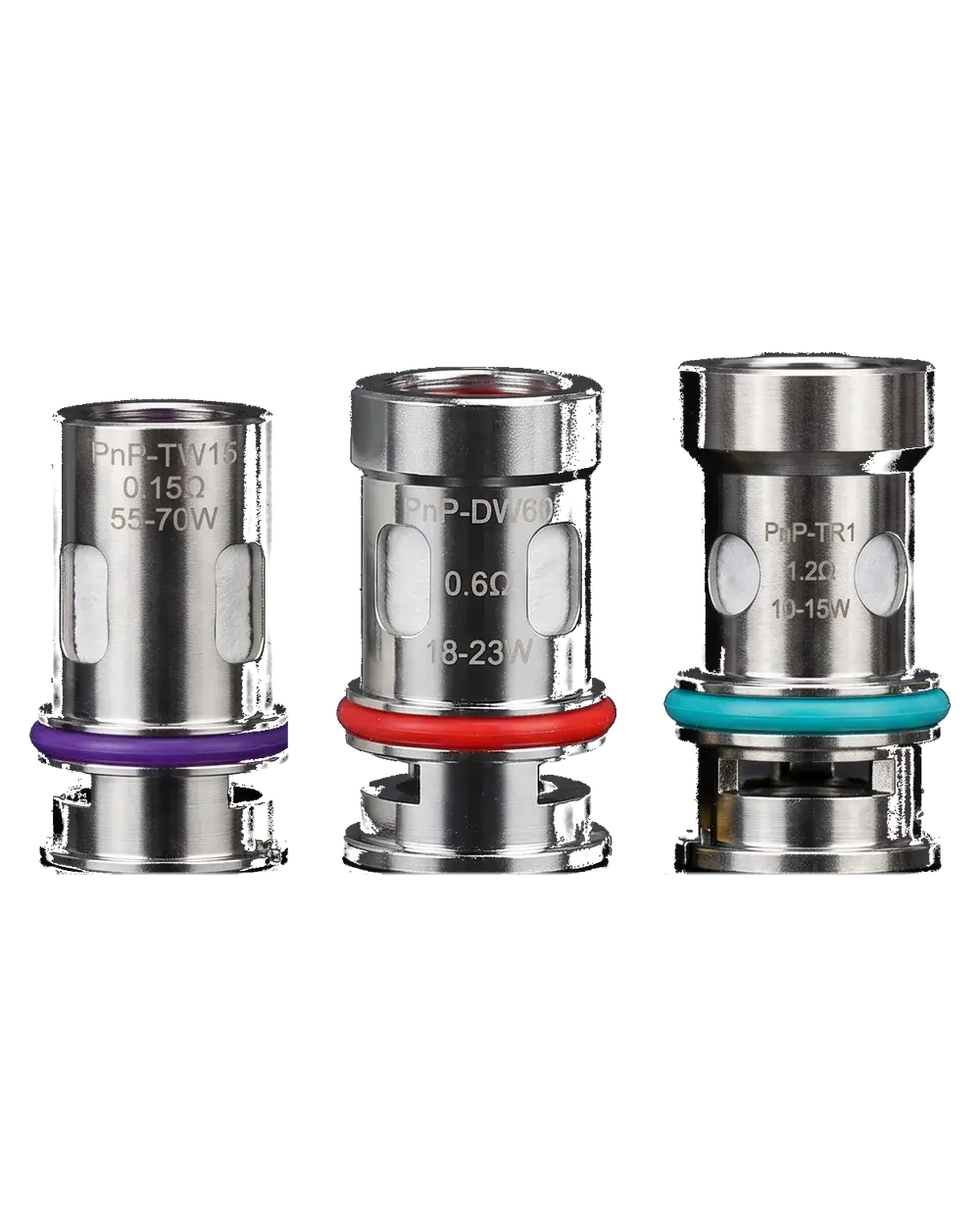 VOOPOO PnP coils PnP-TW15 0.15Ω, PnP-DW60 0.6Ω and PnP-TR1 1.2Ω side by side, studio photo