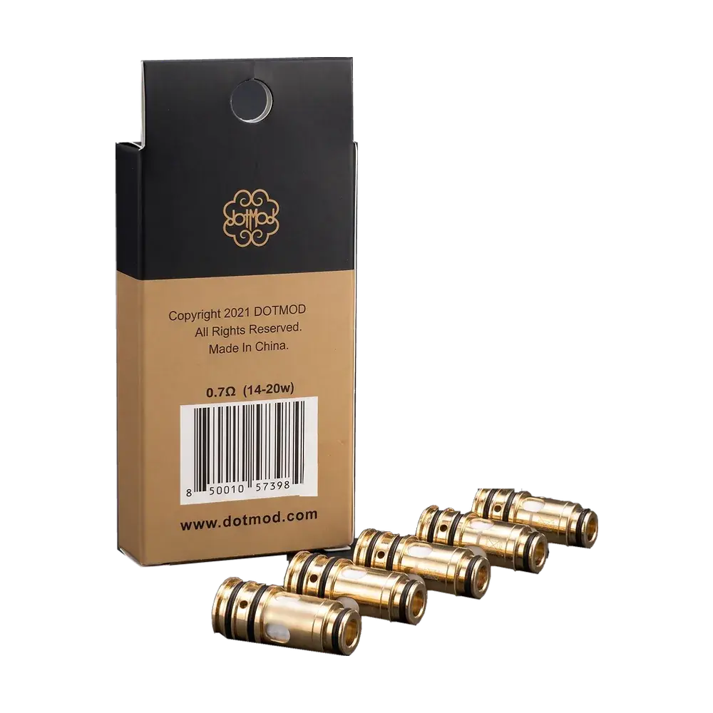dotmod dotCoil 0.7Ω (14-20w) coil box with five brass coils, studio photo