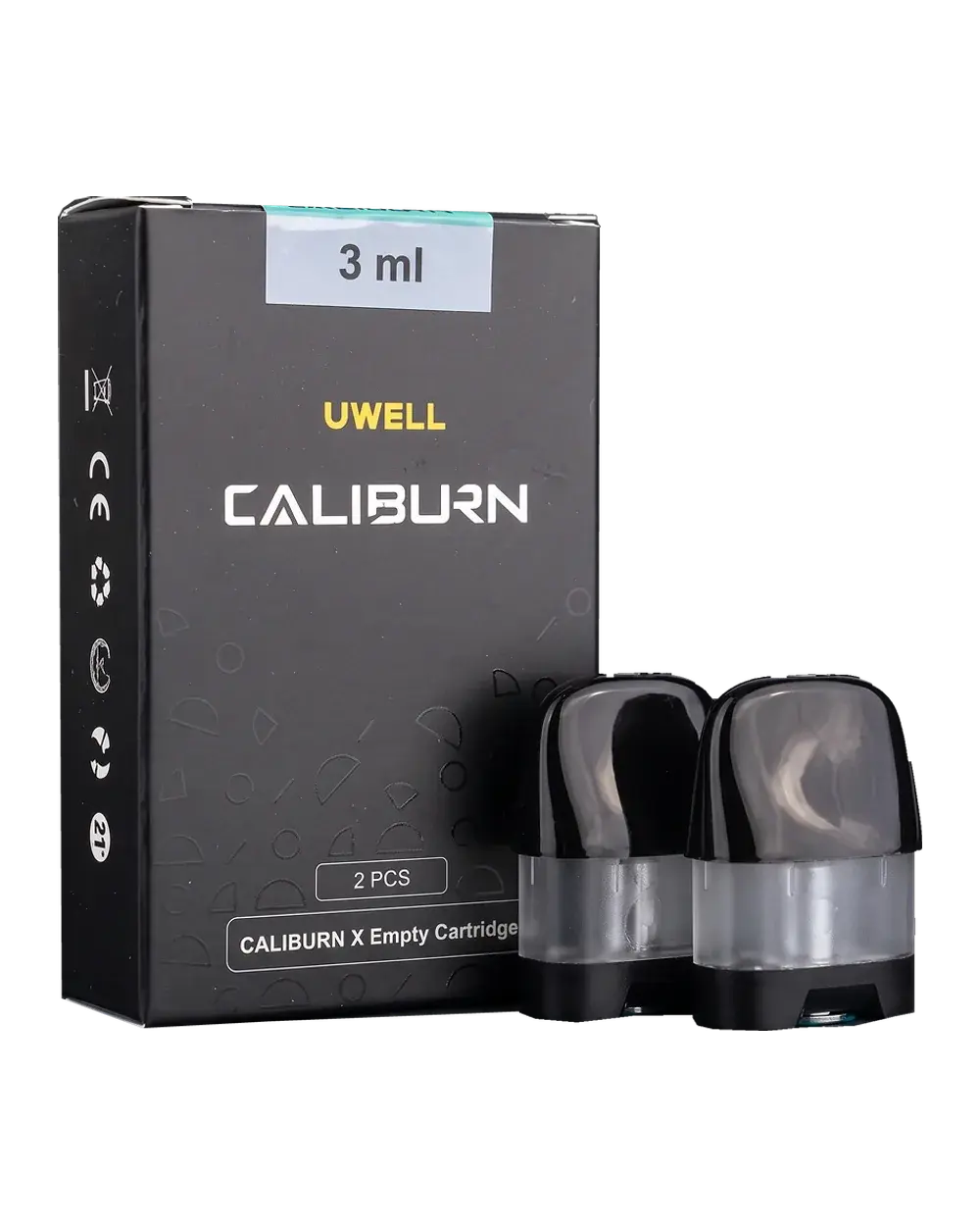 UWELL CALIBURN X 3 mL empty pod cartridge box with two pods, studio photo
