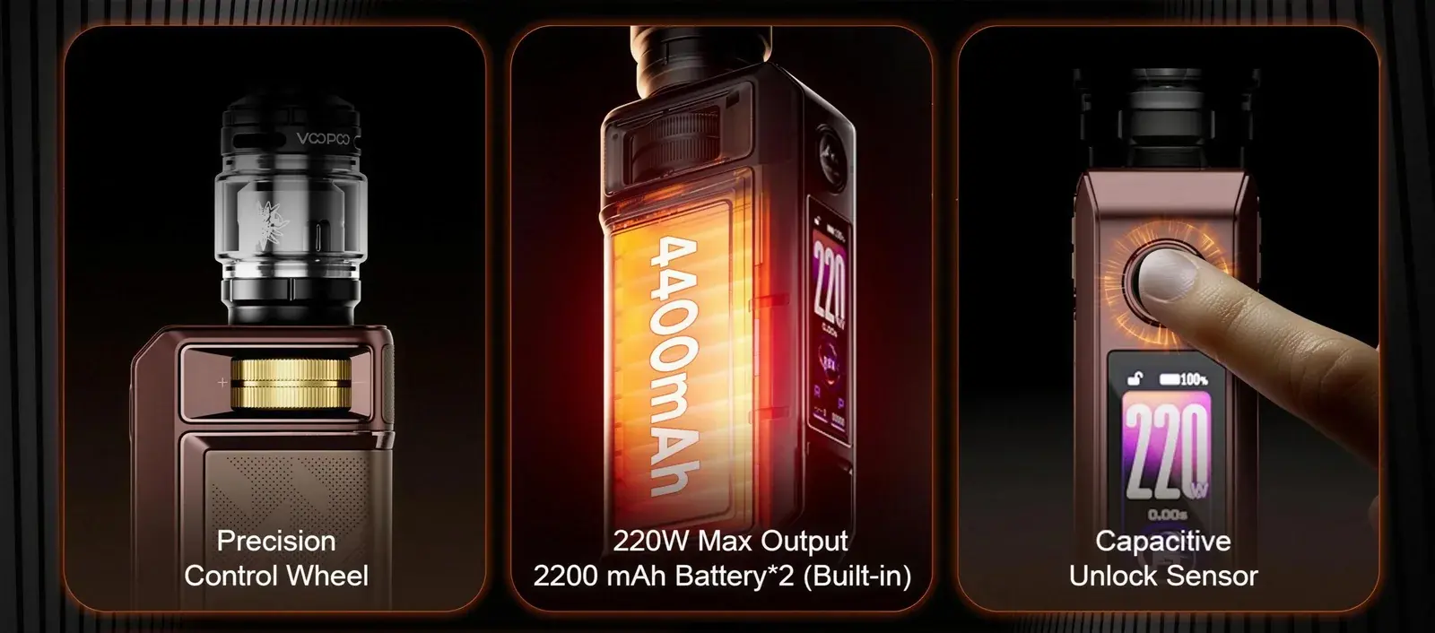 VOOPOO's DRAG 6 poster — the precision control wheel, 220W output and the capacitive unlock sensor