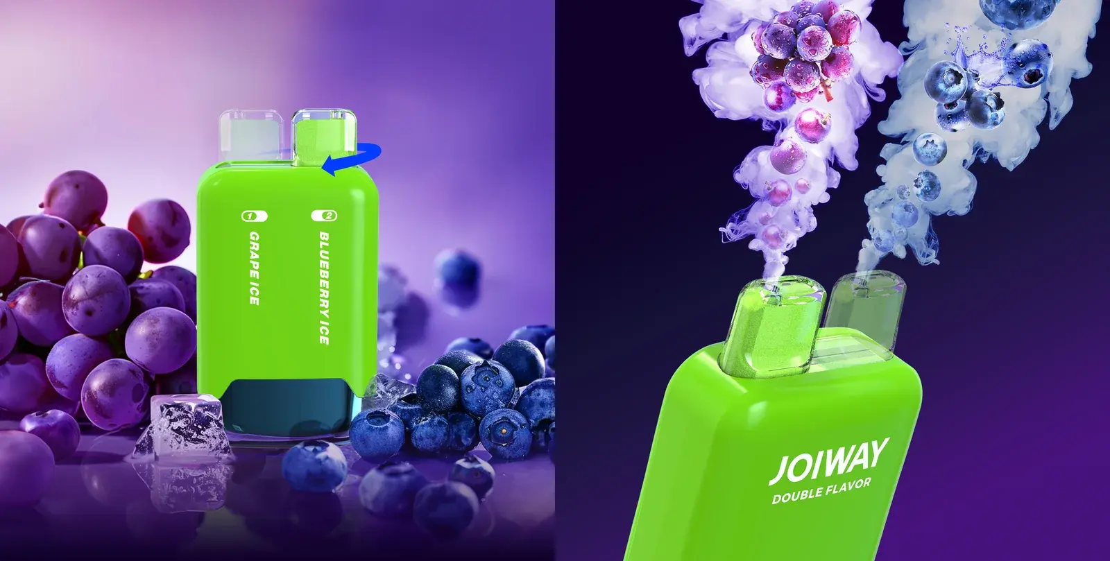 JOIWAY F4 poster — the device with two mouthpieces labelled 1 Grape Ice and 2 Blueberry Ice, two vapour plumes