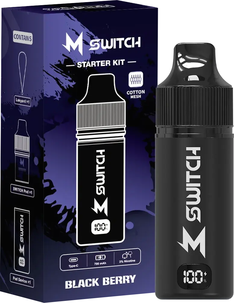 SALTHUB M Switch starter kit, Black Berry — box and device, SALTHUB render
