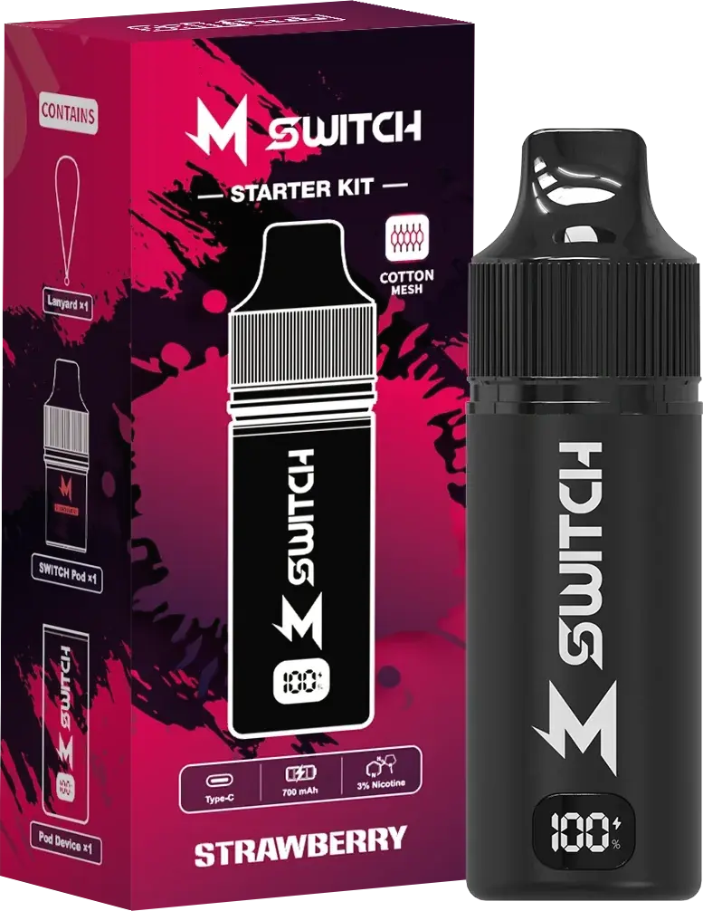 SALTHUB M Switch starter kit, Strawberry — box and device, SALTHUB render
