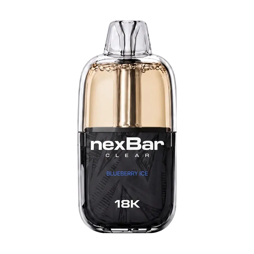 nexBar CLEAR 18K, Blueberry (the device prints BLUEBERRY ICE; the maker's 15-flavour list says Blueberry)