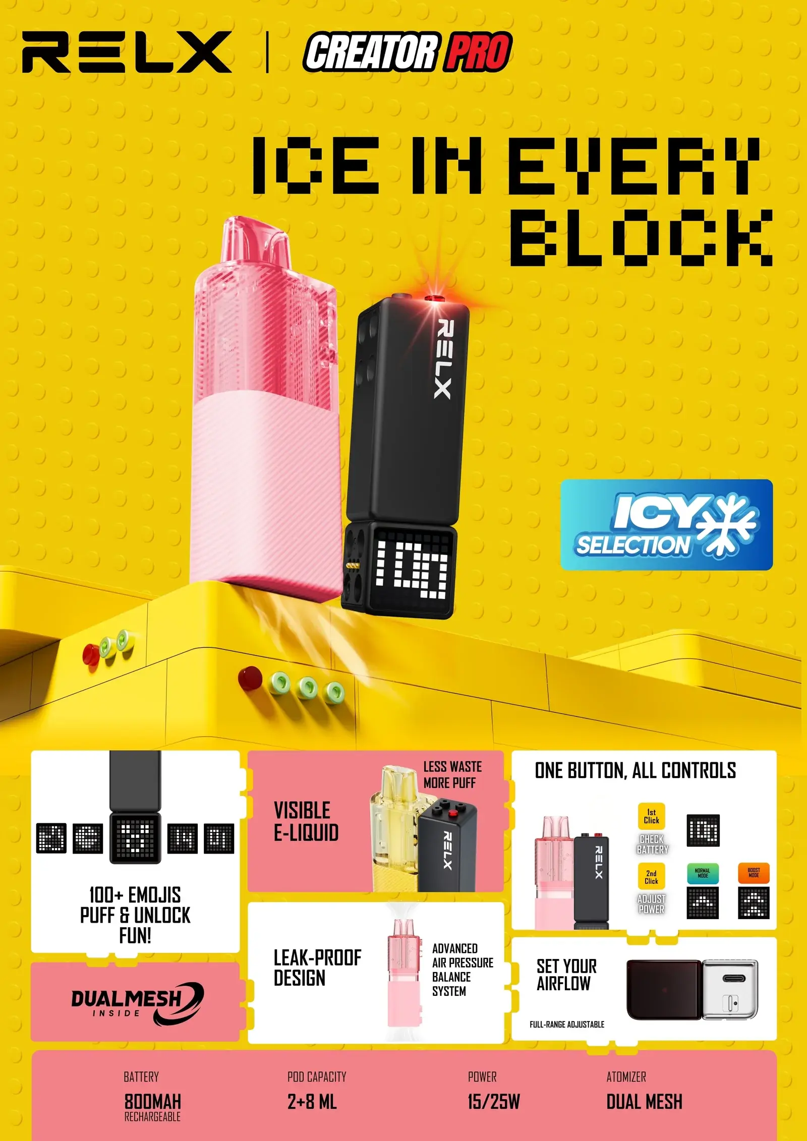 RELX's Creator Pro one-pager, portrait — ice in every block, the device with a Creator pod, spec strip