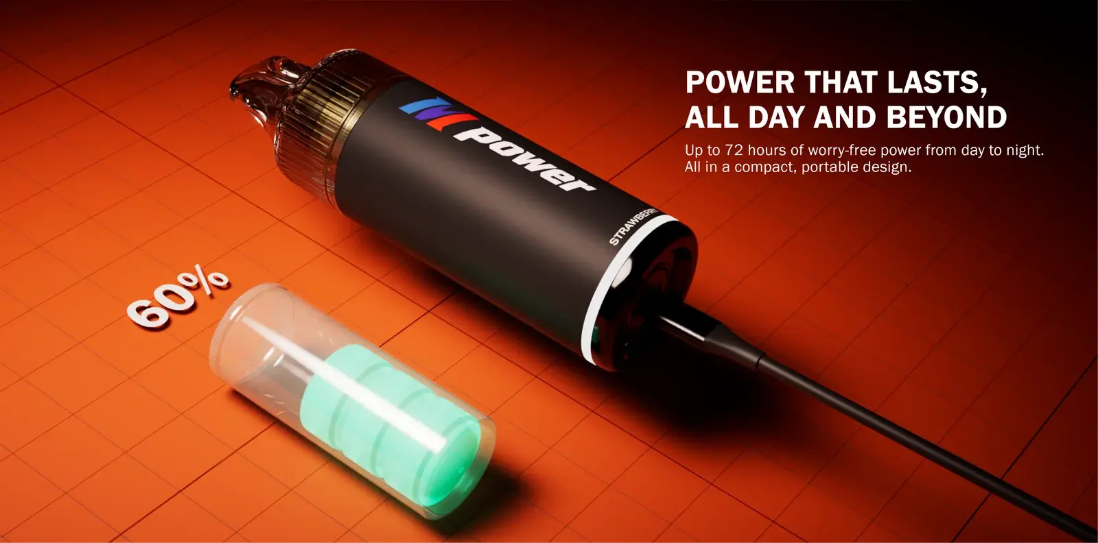 TFIT poster — the M Power 20K on its side with a USB-C cable plugged into the base, battery shown at 60%